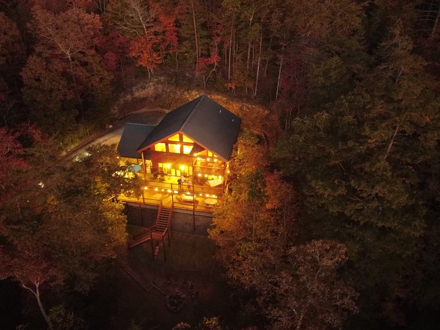 Aerial view of cabin at night
